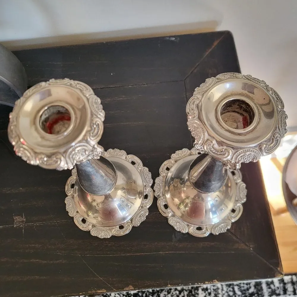 2 Baroque Wallace Silver Plate Antique Victorian Rococo Candlestick Holders 9x4